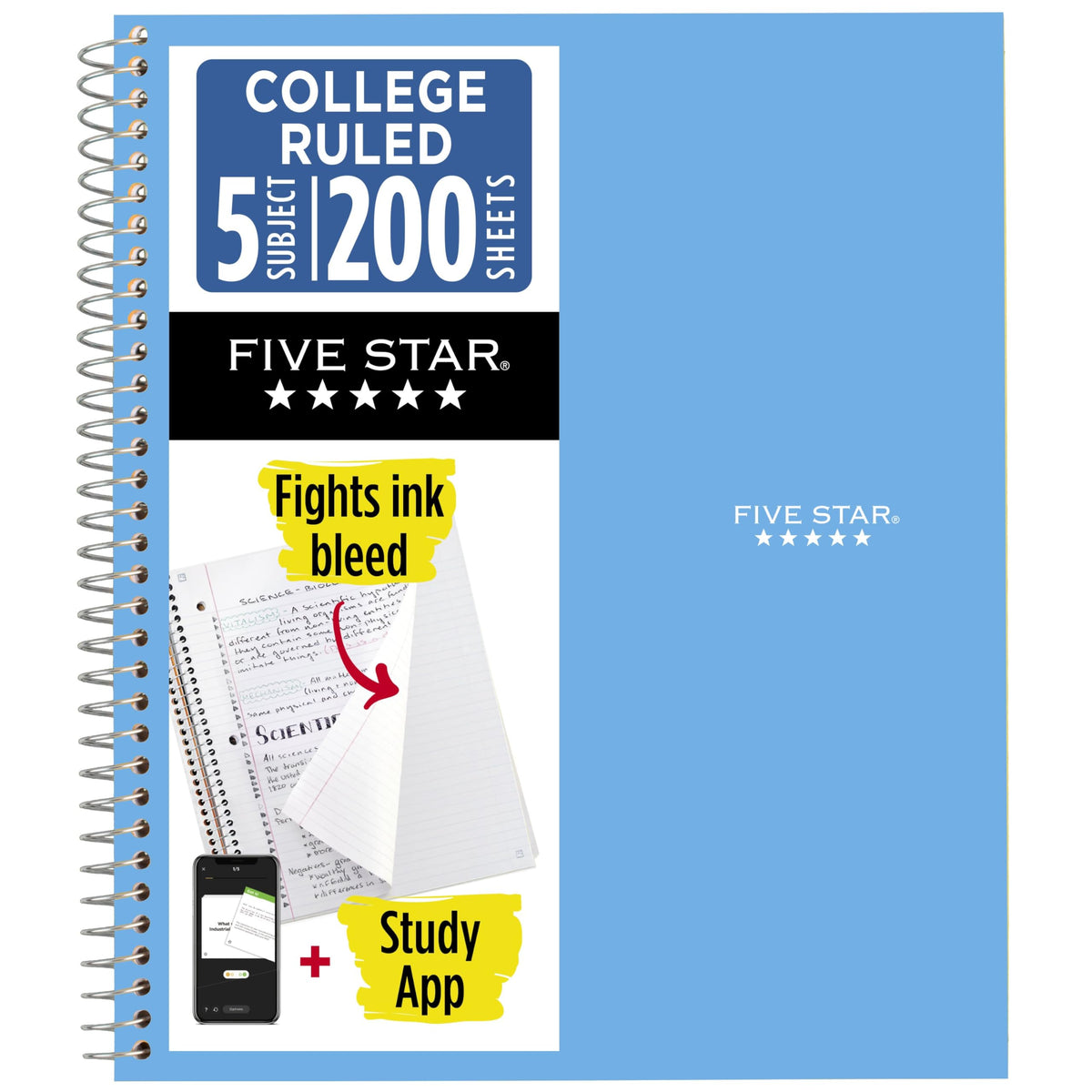 Five Star Spiral Notebook + Study App, 5 Subject, College Ruled Paper, 8-1/2" x 11", 200 Sheets