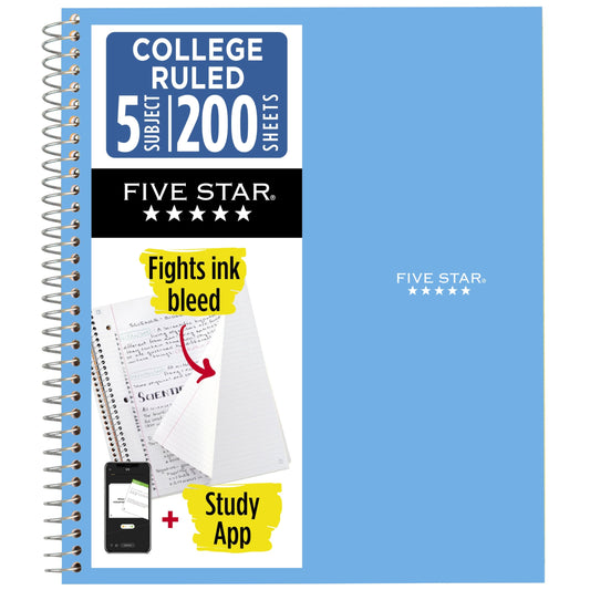 Five Star Spiral Notebook + Study App, 5 Subject, College Ruled Paper, 8-1/2" x 11", 200 Sheets