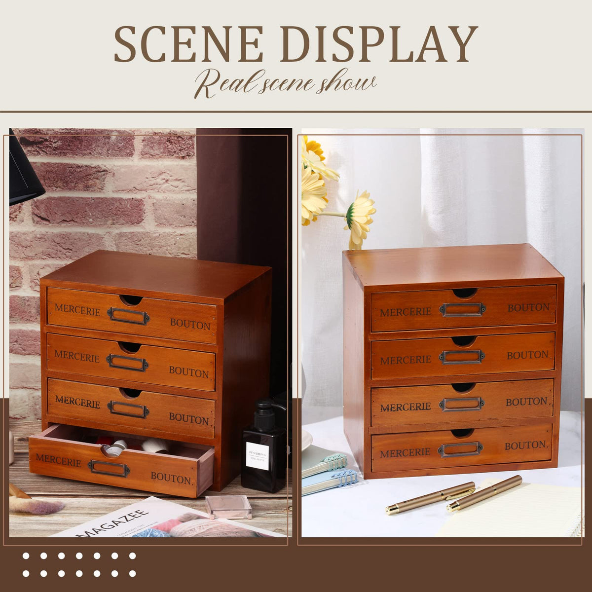 Wesiti Wooden Desk Organizer, 4 Drawers, Vintage Makeup Cabinet, Brown