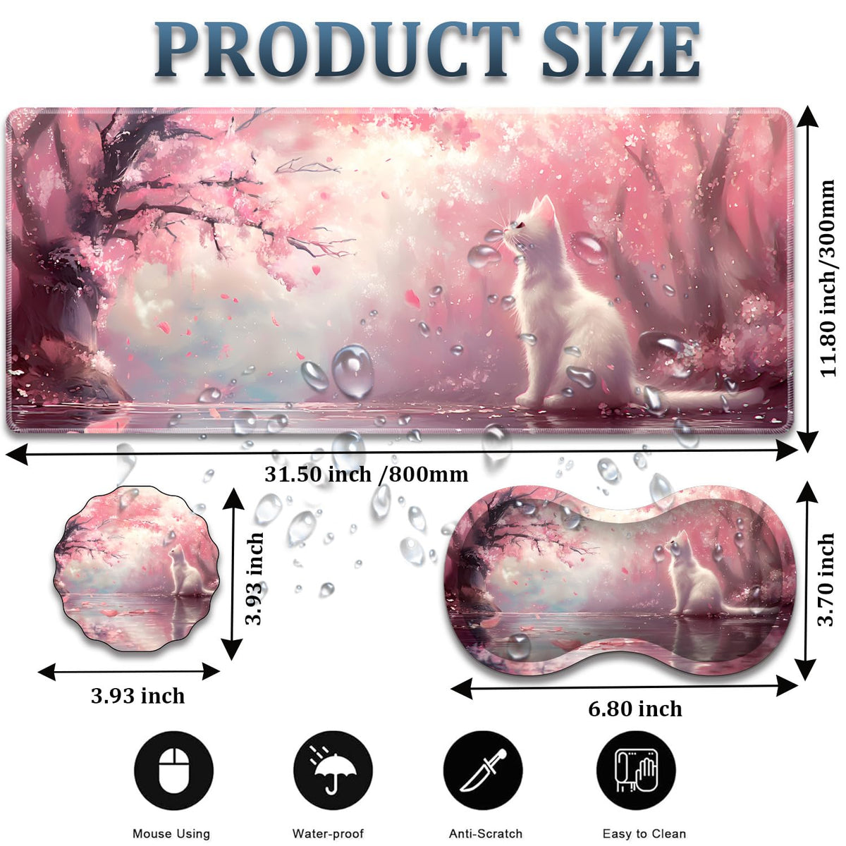 3-Piece Cherry Blossom Cat Mouse Pad Set, Including Wrist Support Pad and Cup Holder, with