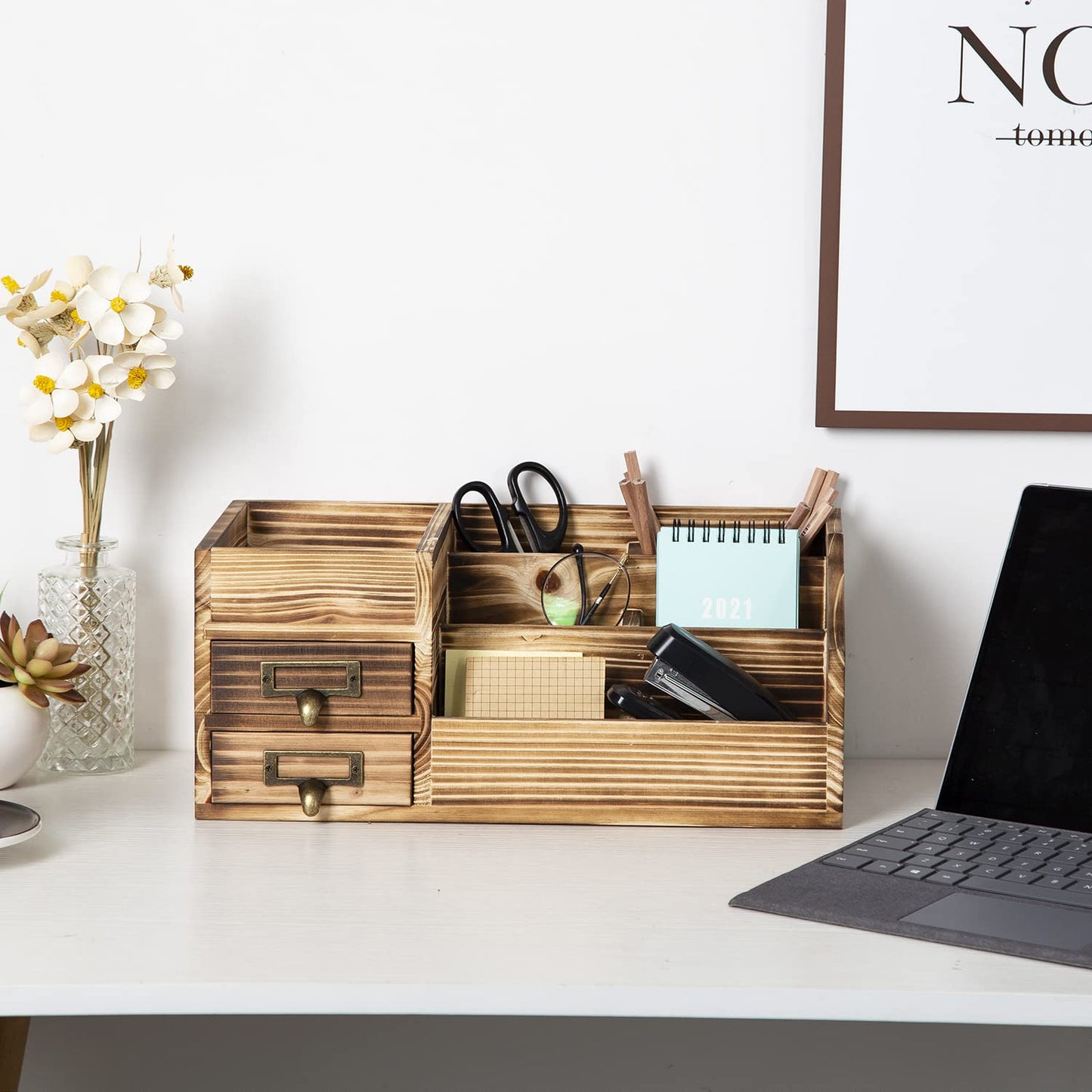 Distressed Rustic Wooden Office Desktop Drawers Organizer Wood Shelf Tabletop Home Organizer