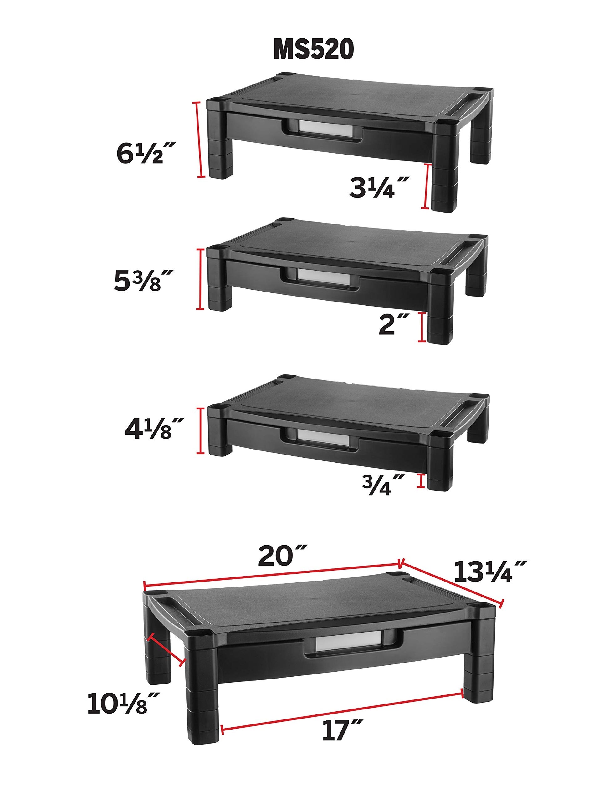 Kantek Wide Deluxe Two-Level Monitor Stand With Drawer, 20" X 13.25" X 3" To 6.5", Black, Supports