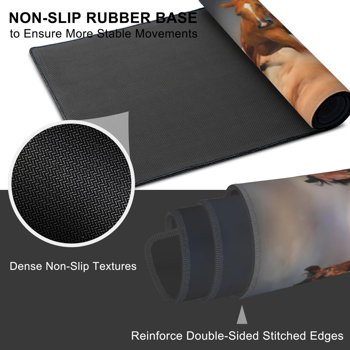 Mouse Pad, Large Running Horse Herd Desk Mat, Extended Non-Slip Gaming Keyboard Mousepad Desk Pad