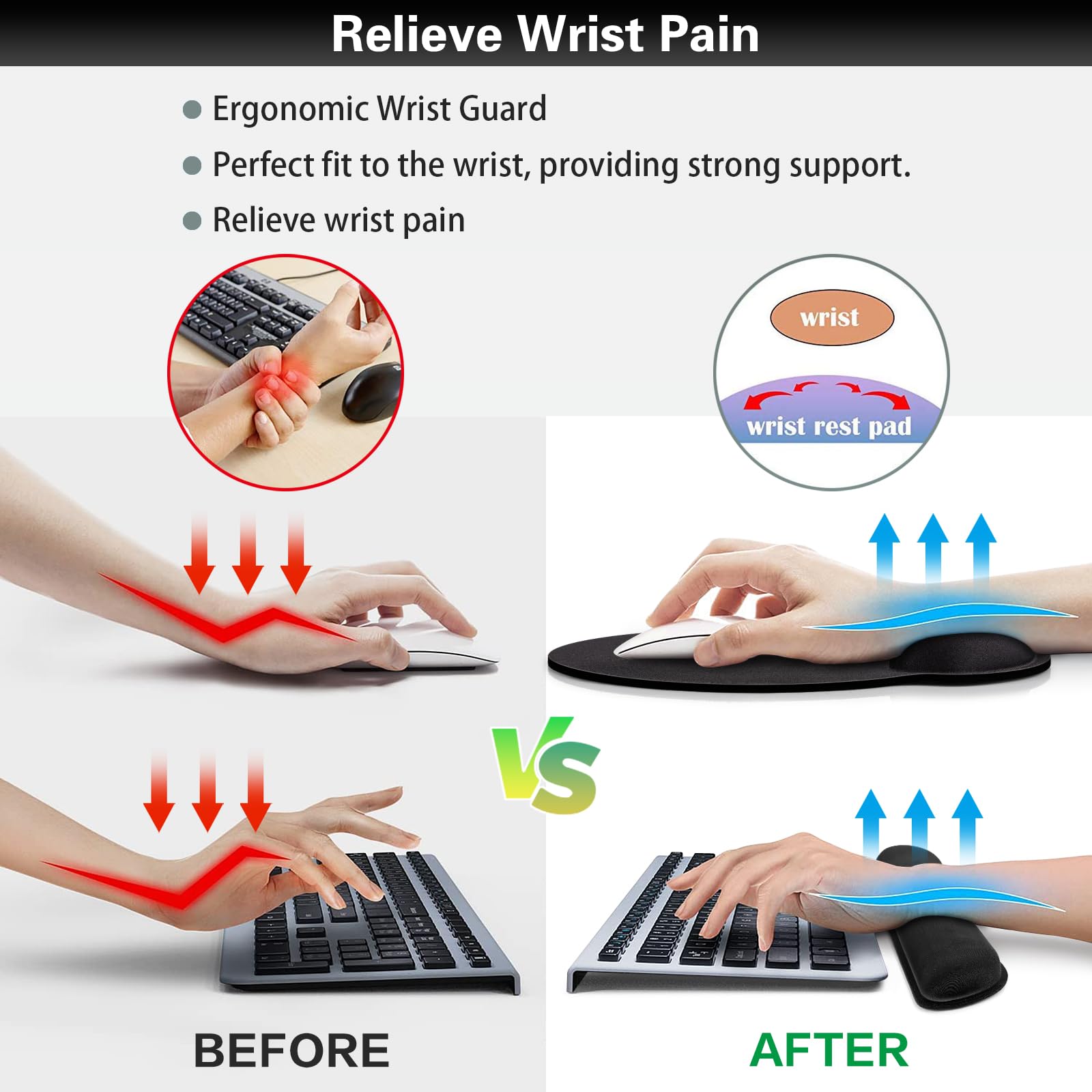 Mouse Pad Black, Ergonomic Keyboard Wrist Rest, Mouse Pad with Wrist Rest