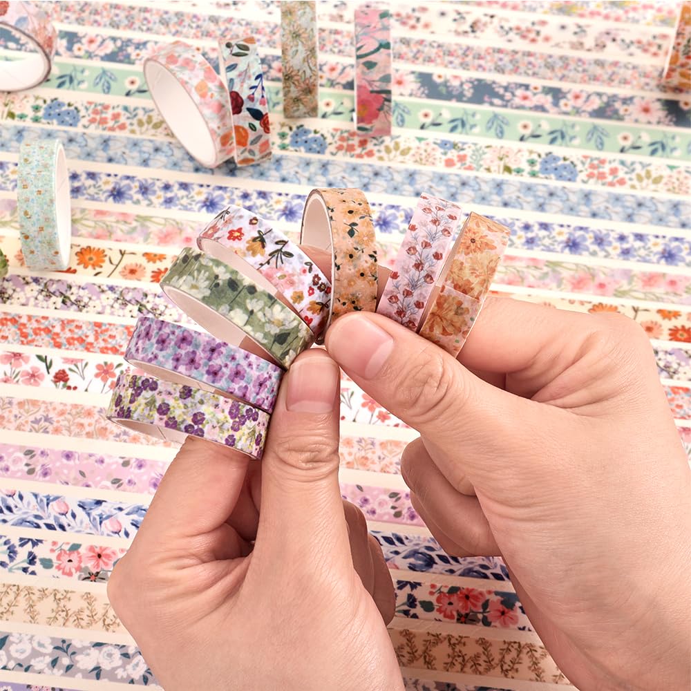 icceemee 60 Rolls Flowers Theme Washi Tape Set with Different Colorful Patterns, Writable