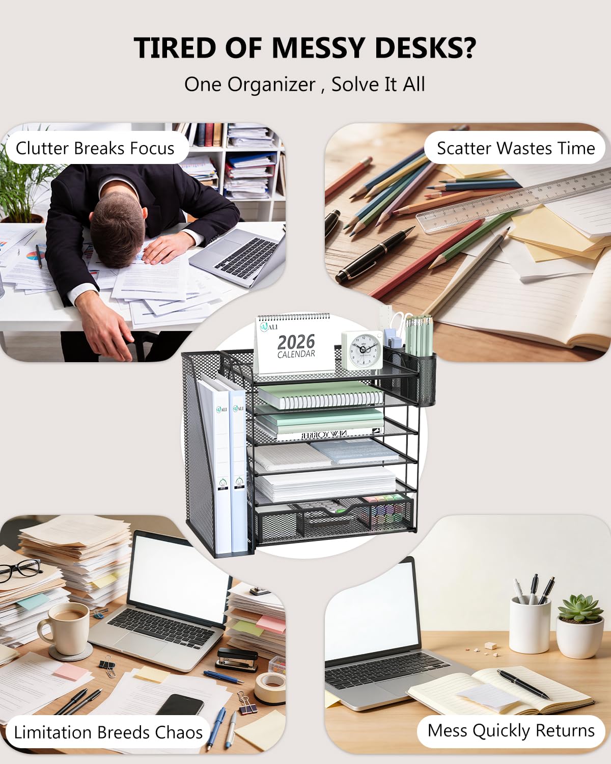 WALI Desk File Organizer, 6 Tier Desktop Paper Letter Tray Organizer with Drawer and 2 Pen Holders