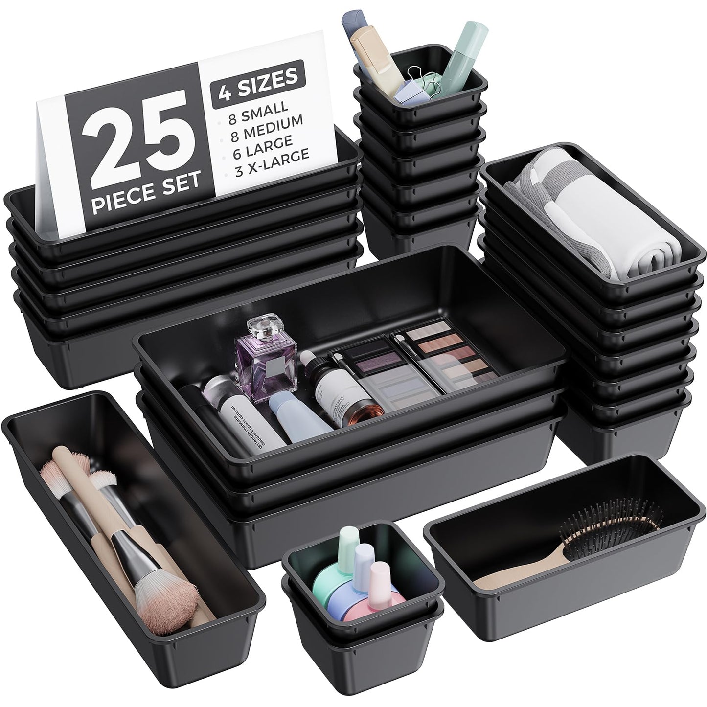 BiuLeon 25 PCS Plastic Drawer Organizers Set, 4-Sizes Vanity and Makeup Organizer, Desk and