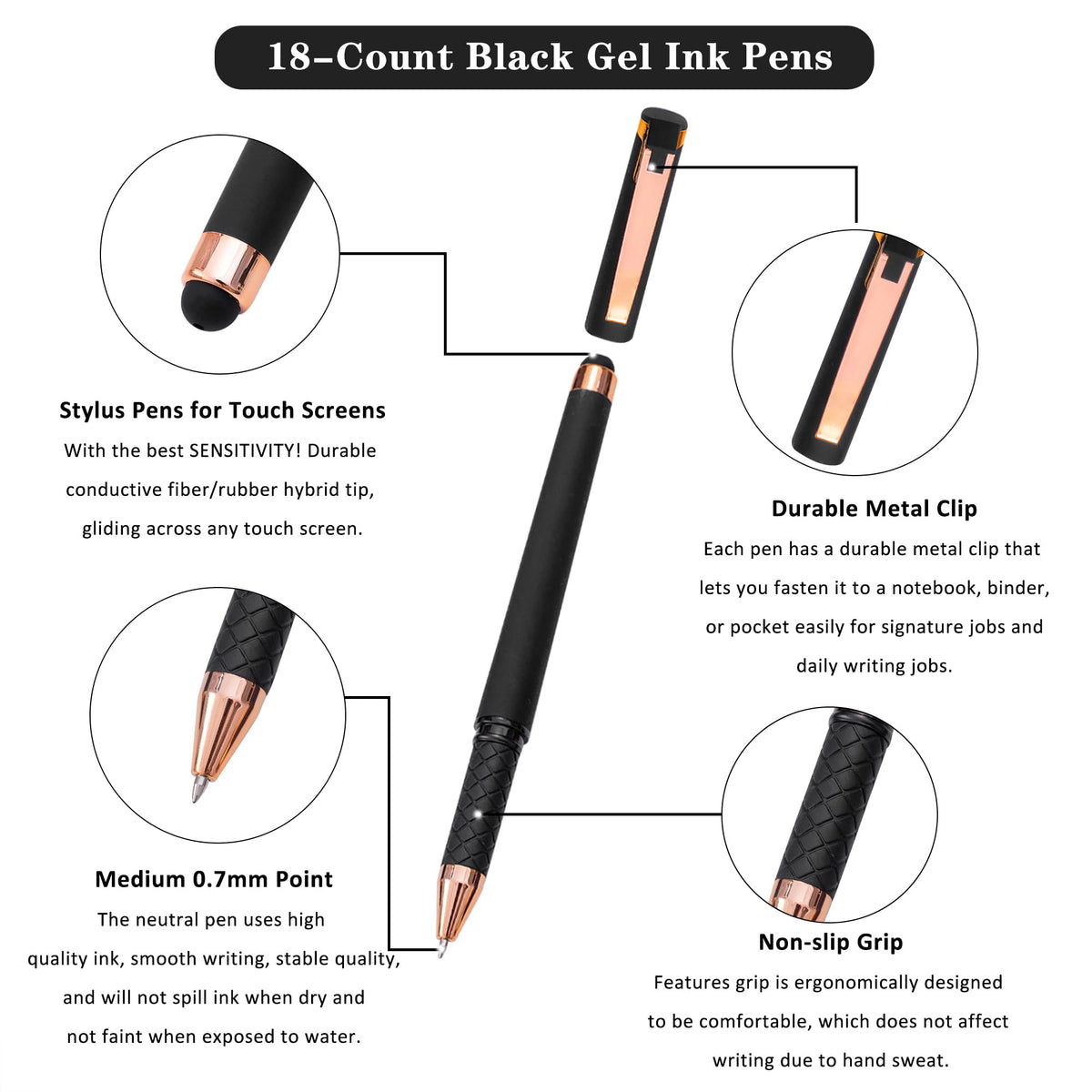 Linbsunne Black Gel Pens 0.7mm Medium Point Pen 2-in-1 Stylus