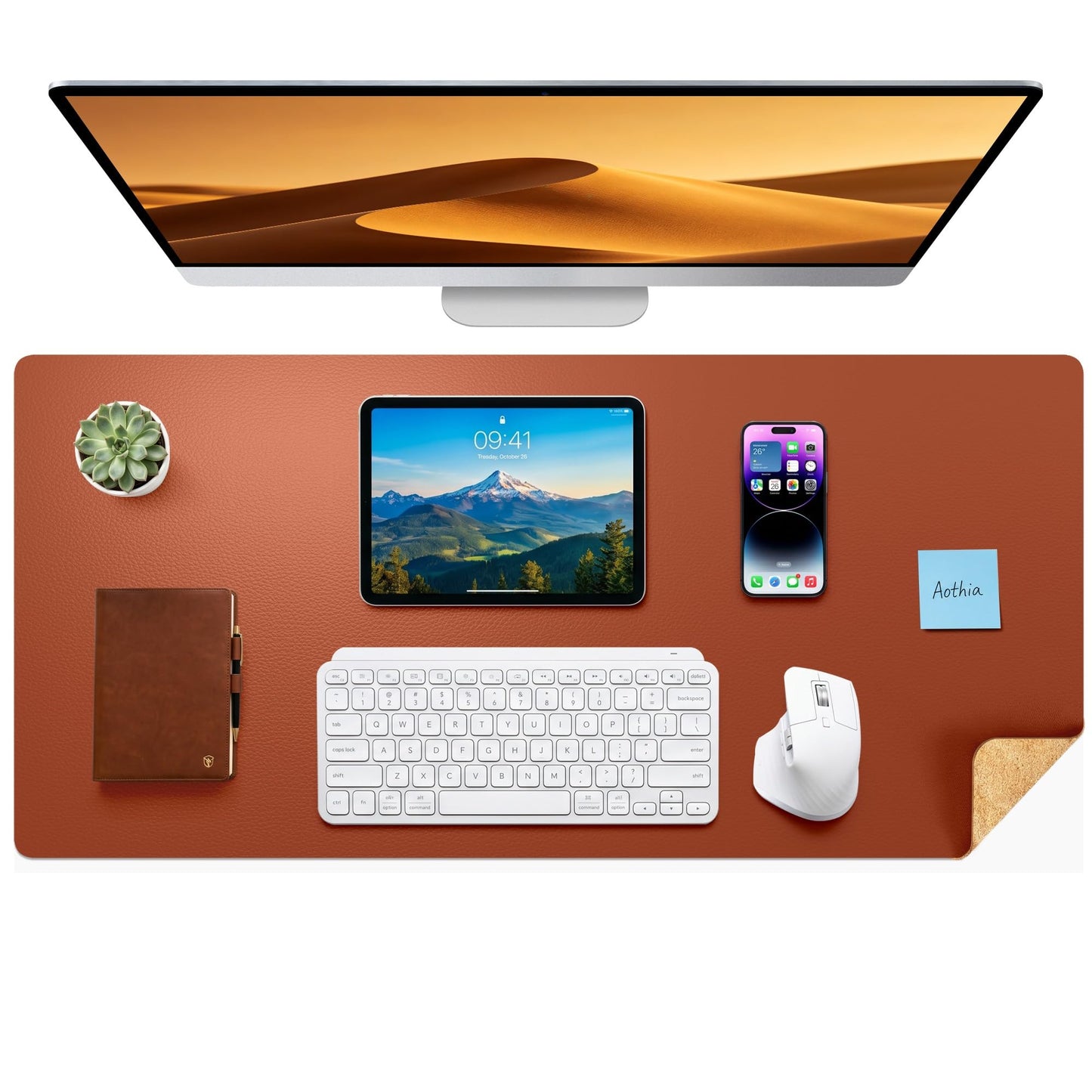 Aothia Dual-Sided Desk Mat - Leather & Cork Desk Protector, Large Mouse Pad & Writing Pad for