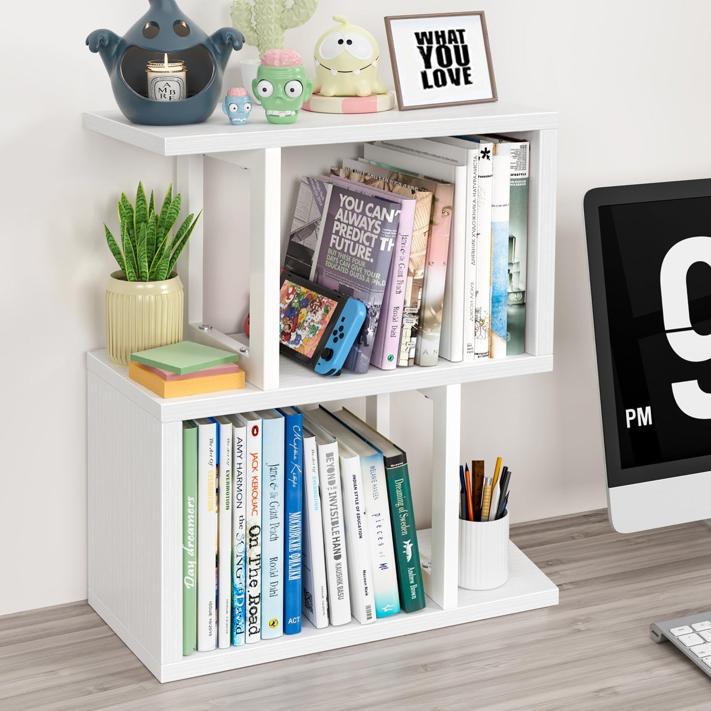 IGERI Small Desktop Bookshelf for Top of Desk Shelf - Mini White Table Bookcase 3-Tier Shelves