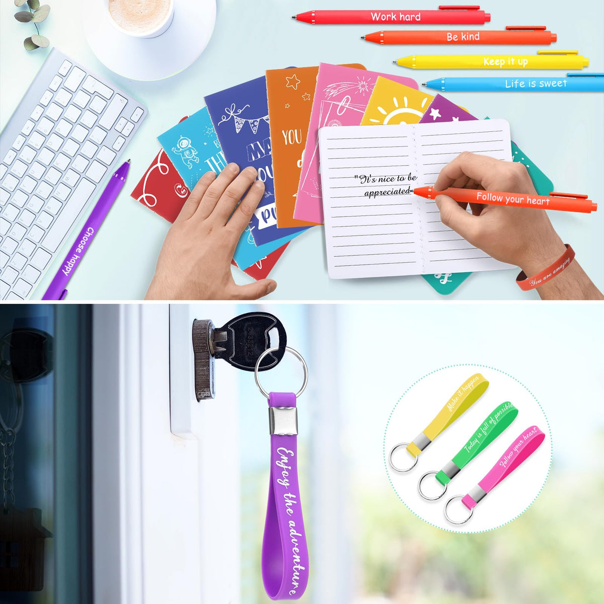 PerKoop 64 Pcs Inspirational Gift Bulk Notebooks Ballpoint Pen, Watercolor
