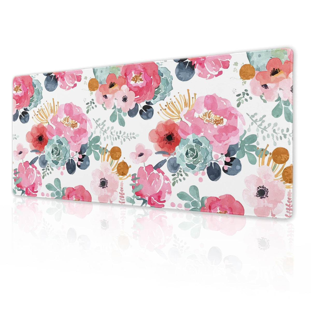 Pink Green Flowers Gaming Mouse Pad XL Cute Watercolor Floral Pretty Extended Desk Pad Trendy