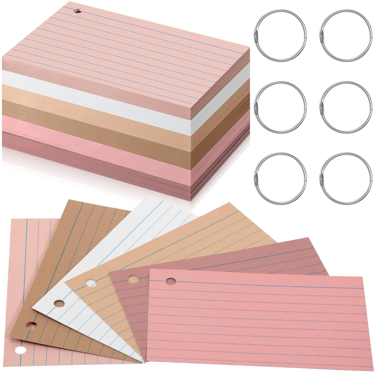 Epakh 300 Pcs Index Cards with Rings, 3 x 5 Inch, Dark Pink Brown Series
