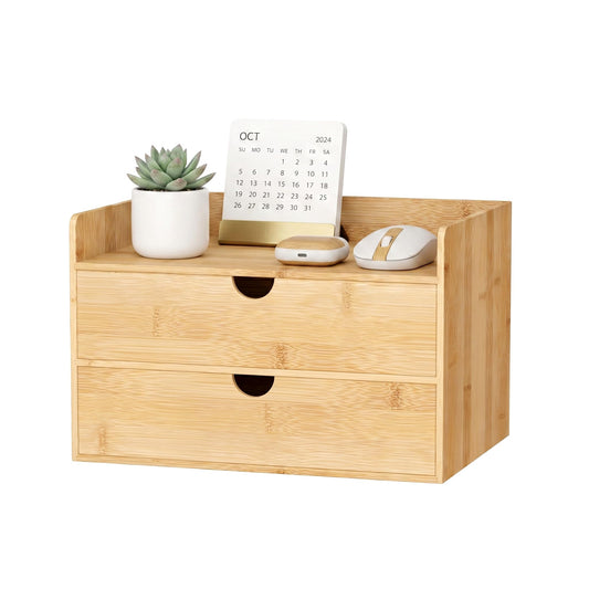 Bamboo Desk Organizer with Drawers, Desktop Storage for Office Supplies
