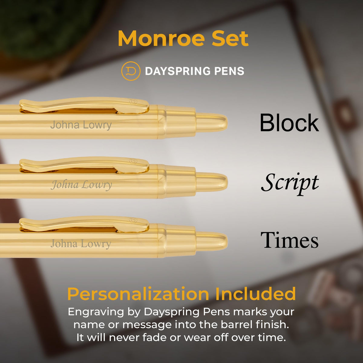 Dayspring Pens Monroe Personalized Ballpoint Pen and Pencil Set in 18K Gold