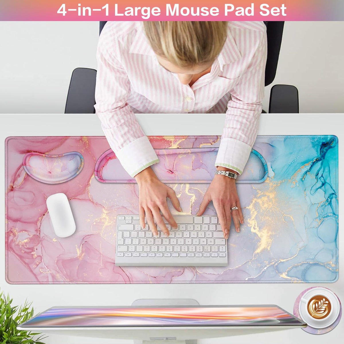 Mouse Pad Pink, Mouse Pad with Wrist Rest, 4-in-1 XXL Extended Large Desk