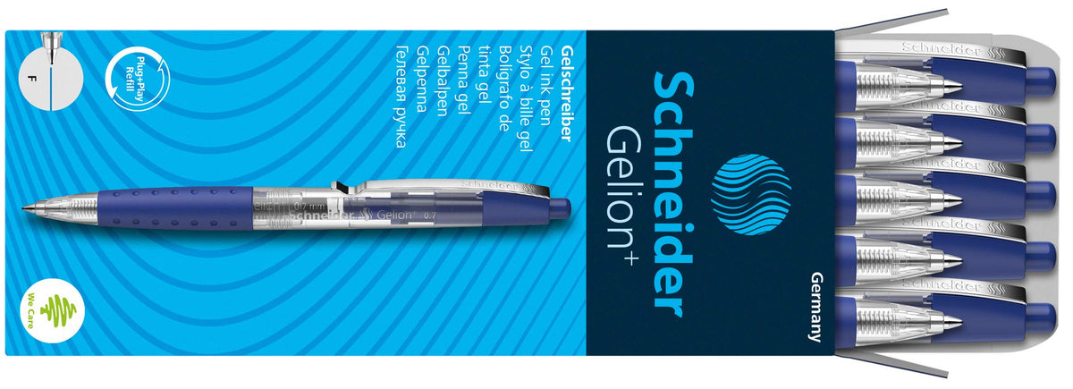 Schneider Gelion+ Gel Pen, Refillable and Retractable, Gel Ink, 0.7 mm, Transparent Barrel, Blue