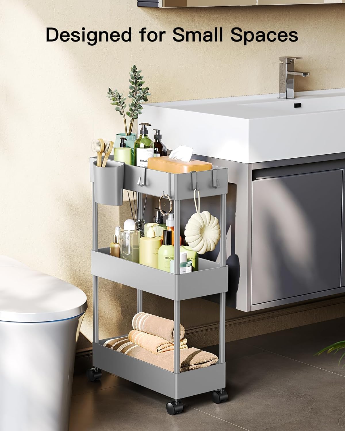 Pipishell 3 Tier Slim Storage Cart with Wheels, Bathroom Storage Cart, Gray