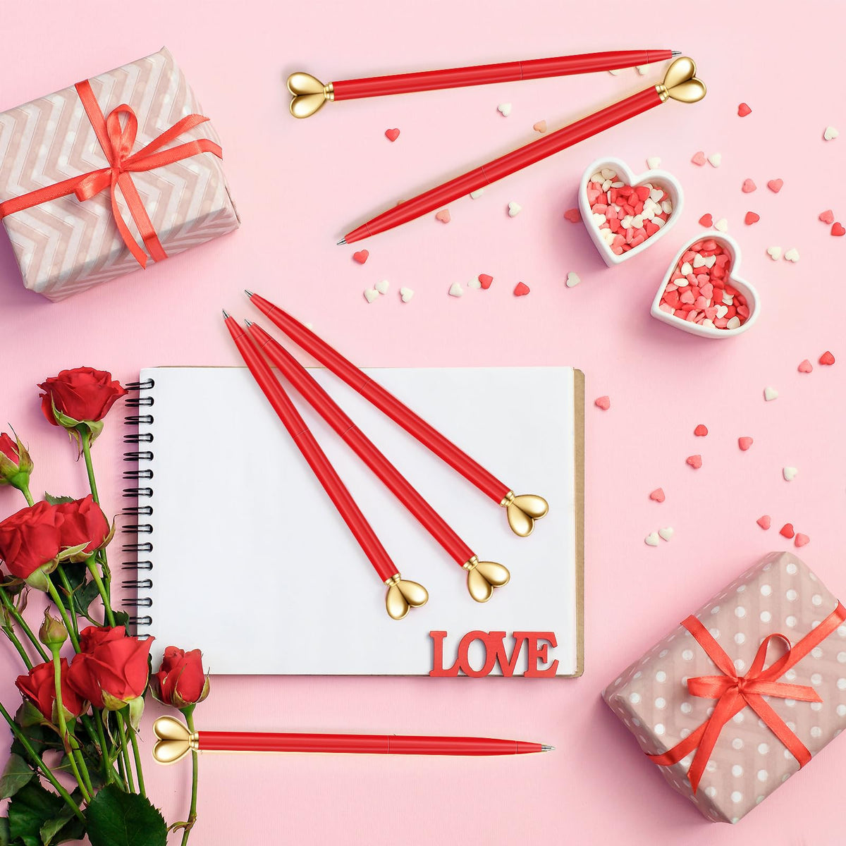 Thenshop Red 24 Pcs Heart Shaped Pens Retractable Metal Cute Pens 1.0 mm Black Ink Ballpoint