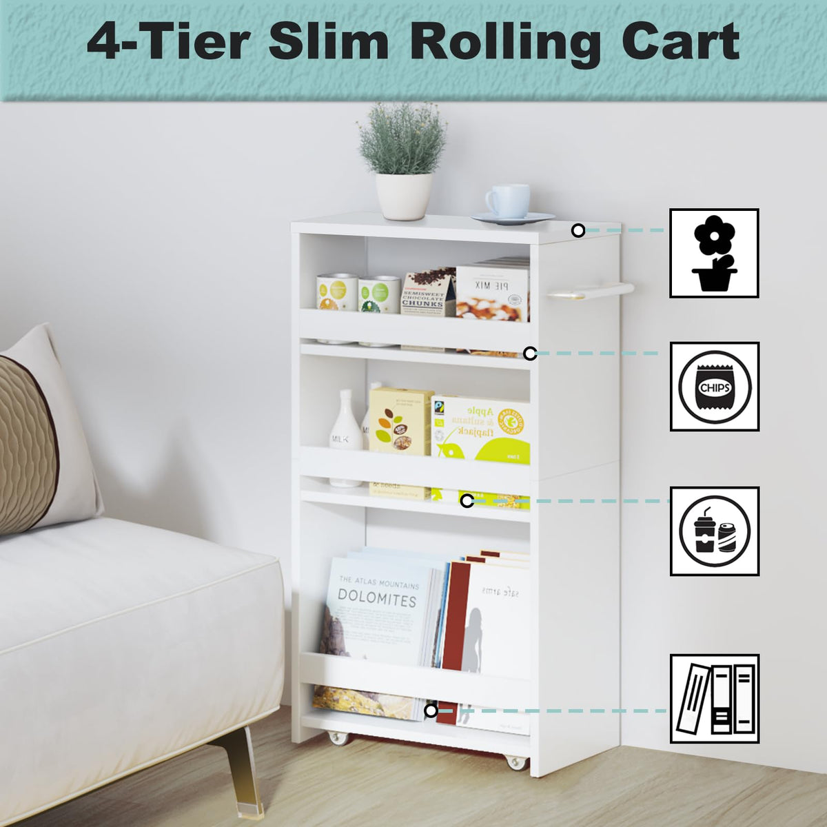 MARTY Slim Rolling Storage Cart, Wood Utility Kitchen Bathroom Laundry Cart