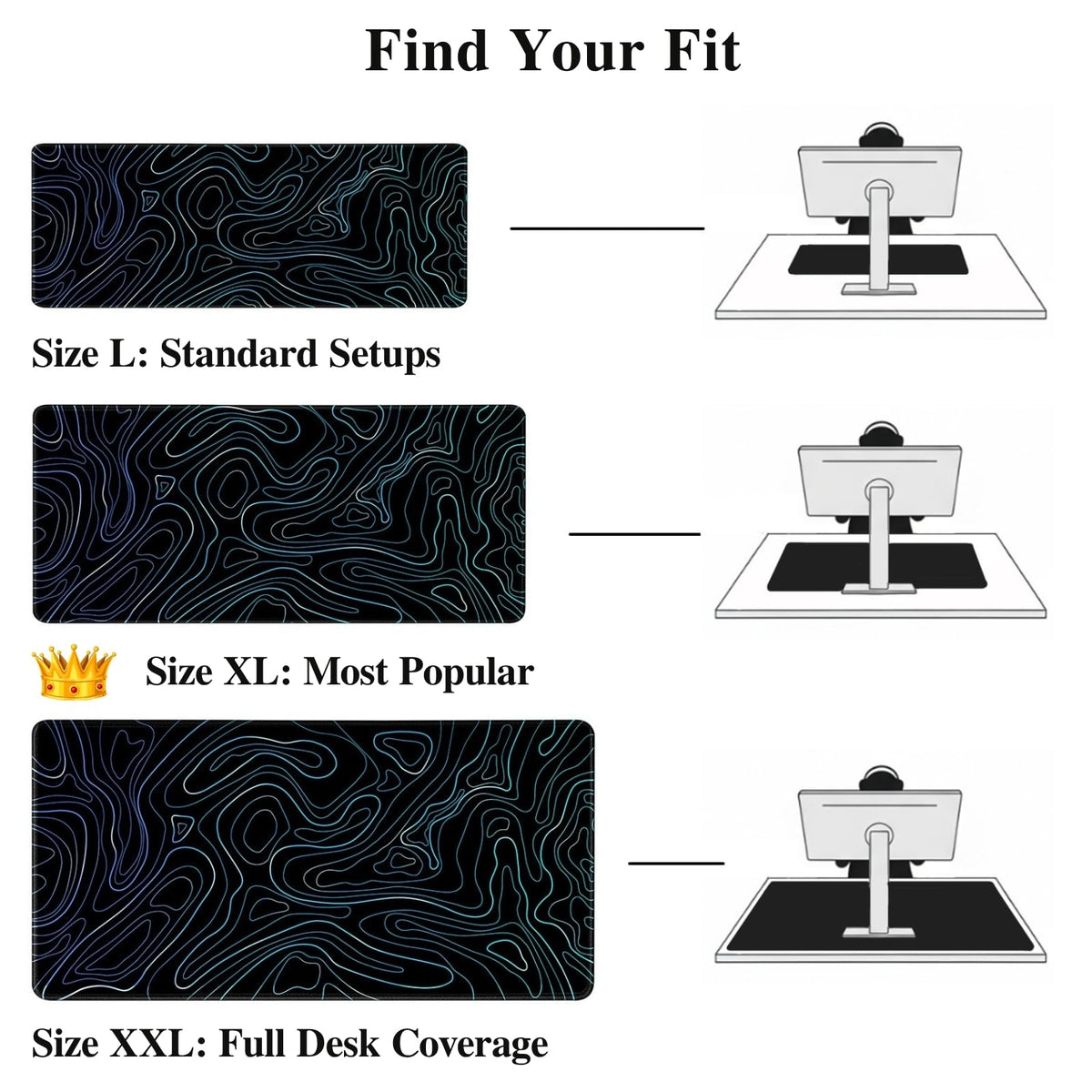 Topographic XL Mouse Pad (35.4x15.7 Inch), Large Gaming Desk Mat with Stitched Edges, Waterproof