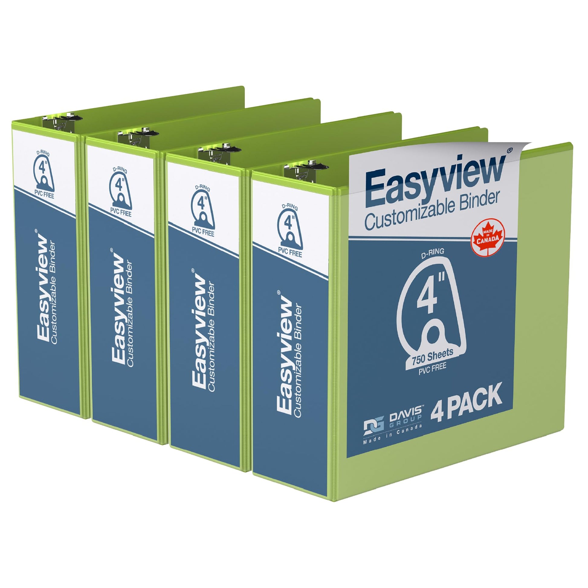 Easyview 3-Ring Binder, Clear-View Cover, 4" D Rings, Lime Green, 4 Pk