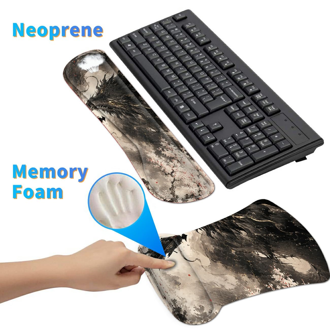 3-in-1 Ergonomic Memory Foam Keyboard Wrist Rest Pad Set, Sakura Dragon
