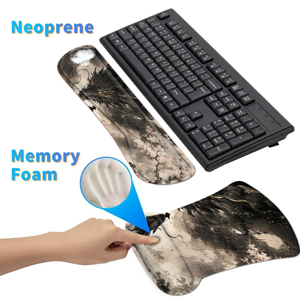 3-in-1 Ergonomic Memory Foam Keyboard Wrist Rest Pad Set, Sakura Dragon