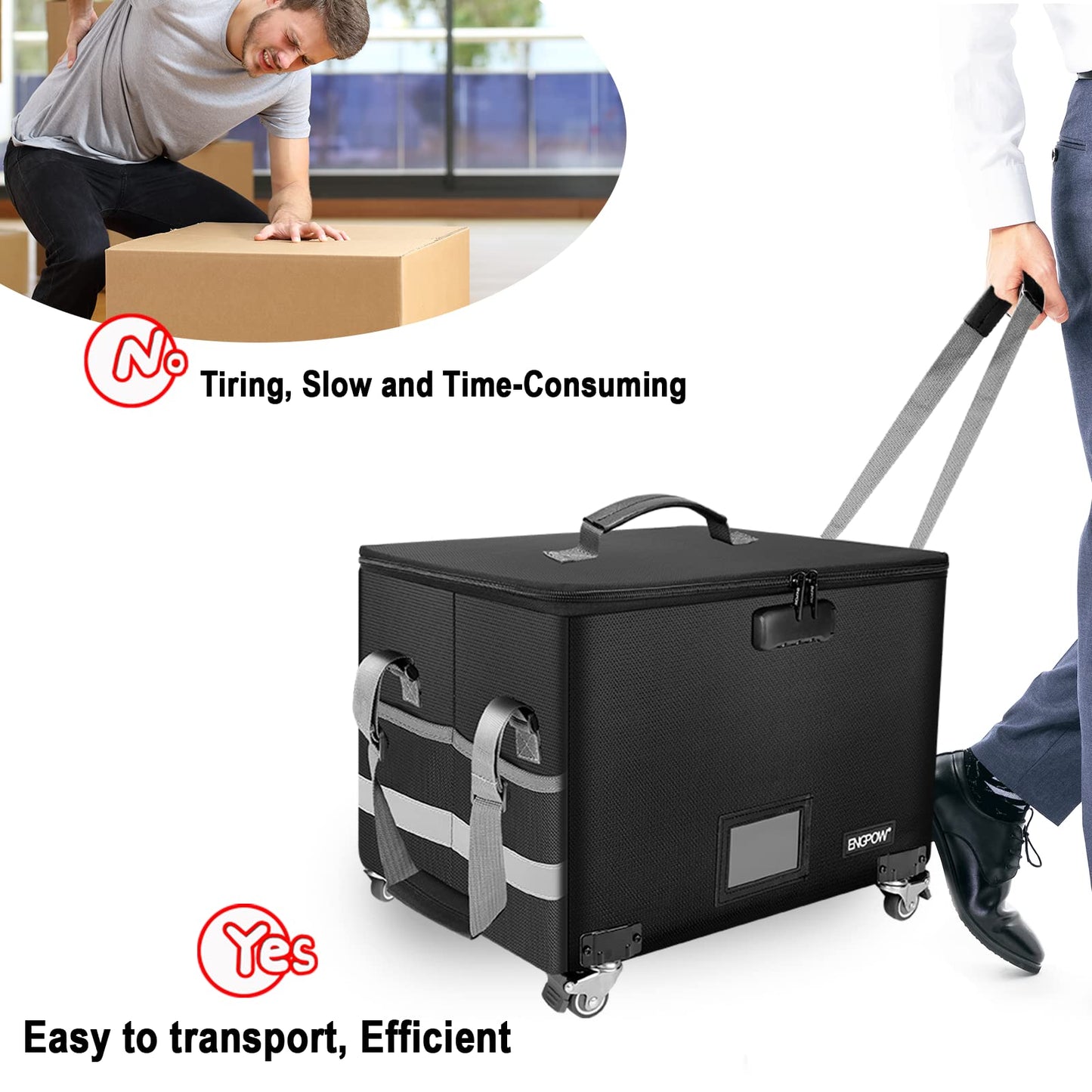 ENGPOW Fireproof Document Box with Wheels, Collapsible File Box with Lock, Rolling File Storage