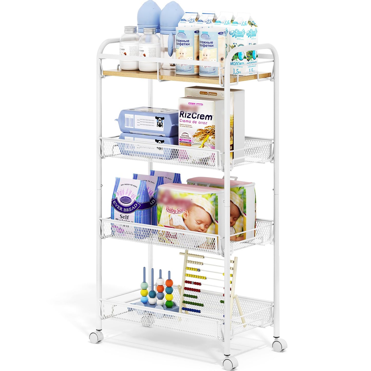 TOOLF 4-Tier Rolling Cart, Metal Utility Cart, Slide Out Storage Cart with Wooden Tabletop and Mesh
