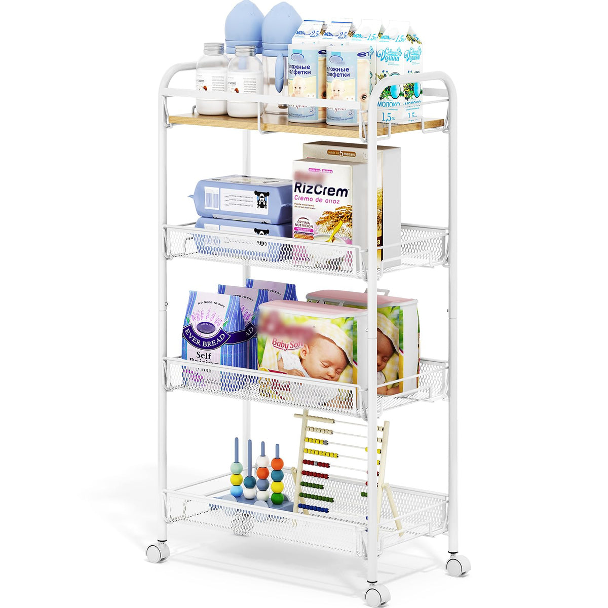 TOOLF 4-Tier Rolling Cart, Metal Utility Cart, Slide Out Storage Cart with Wooden Tabletop and Mesh