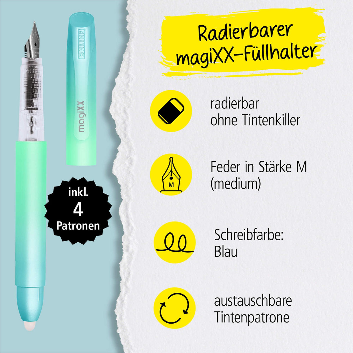 ONLINE MagiXX Turquoise Dream Fountain Pen with Erasable Blue Ink I Includes 4 MagiXX Cartridges I