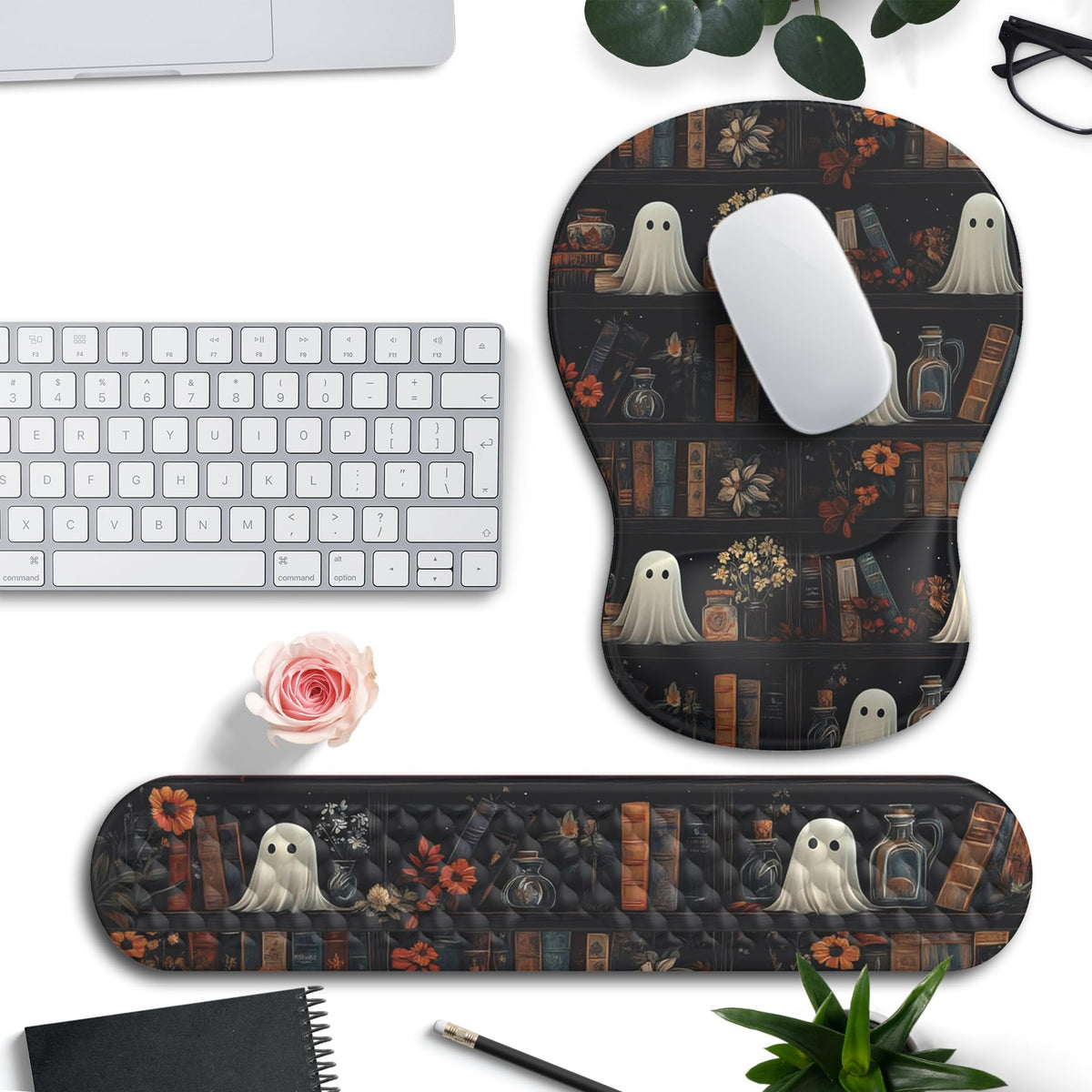 Ghost Book Mousepad with Wrist Rest Halloween Computer Keyboard Mouse Pad Black Cute, Mouse Pad