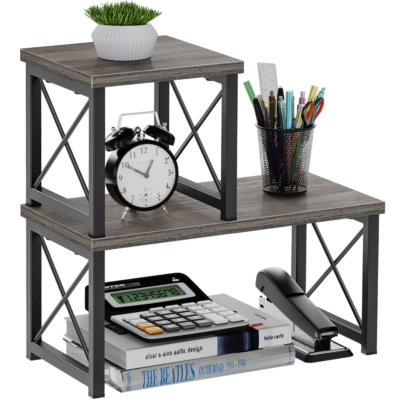Honiter Desk Shelf for Top of Desk, Wood Desktop Shelf, 2 Tier Adjustable Bookshelf Organizer