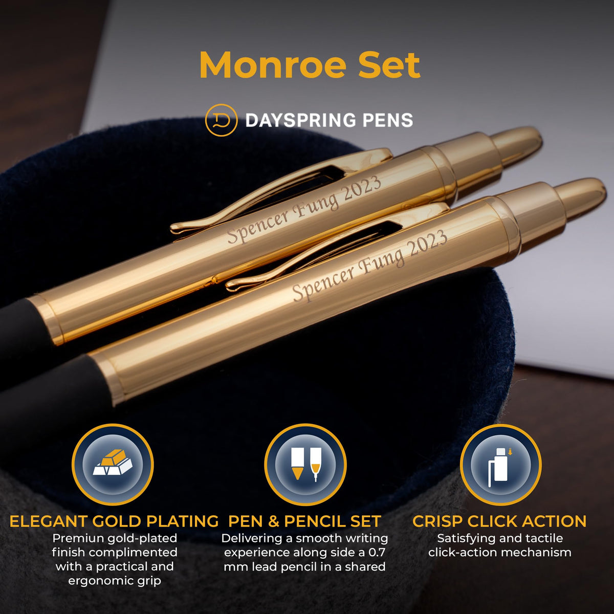 Dayspring Pens Monroe Personalized Ballpoint Pen and Pencil Set in 18K Gold