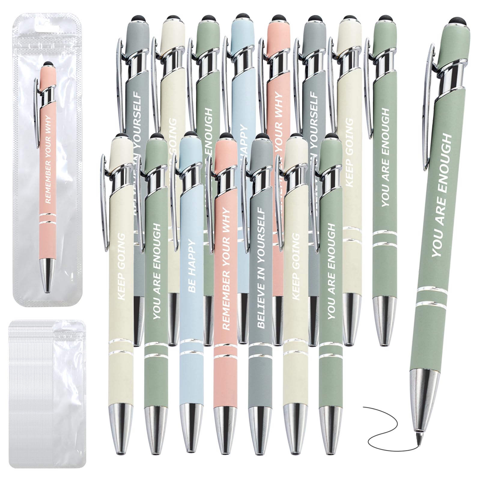 40 Pcs Inspirational Pens Kit with Stylus Tip & Sayings – 20 Motivational Pen + 20 Individual Bags