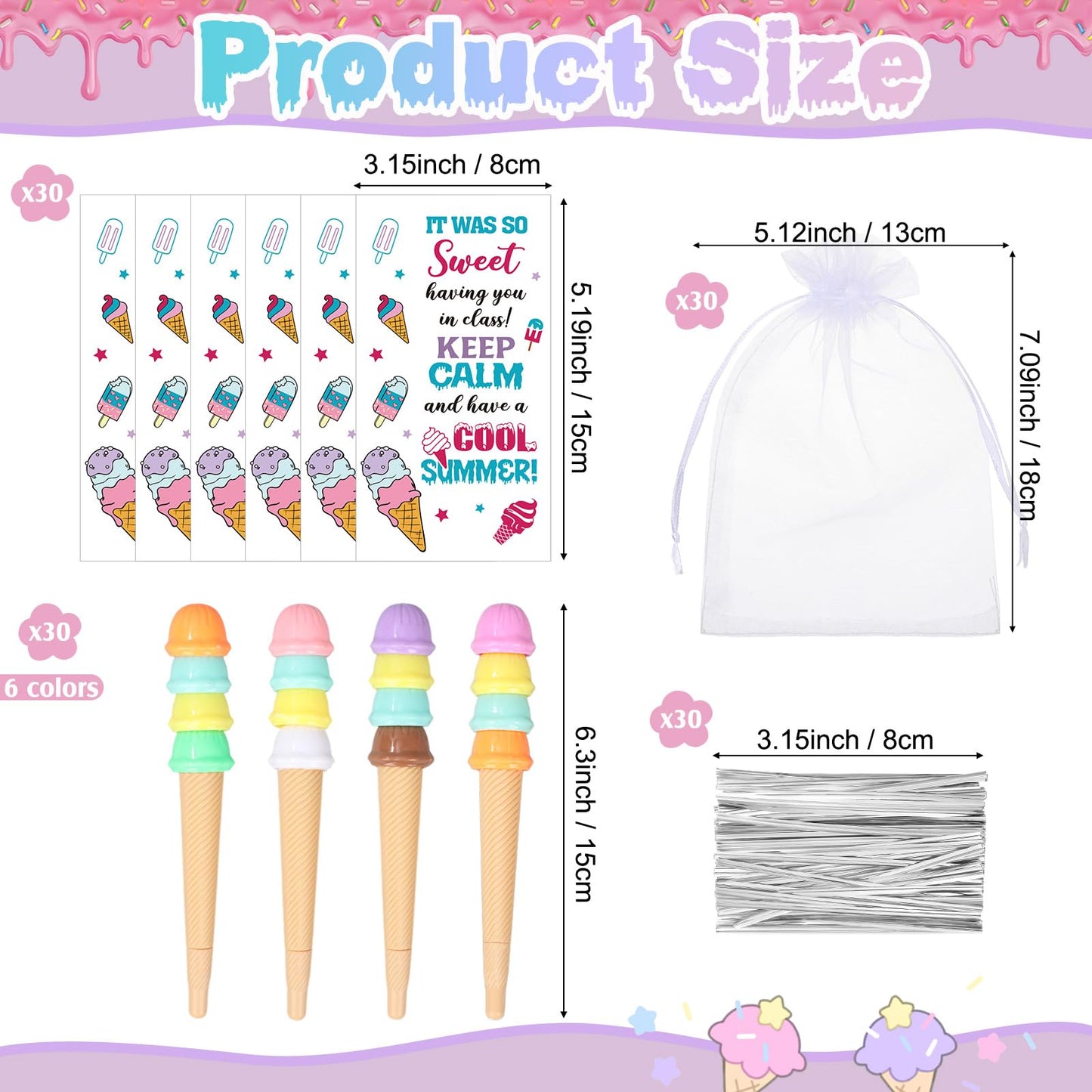 Marspark 30 Sets End of Year Student Gifts Bulk Summer Graduation Gifts Ice Cream Shaped Pens and