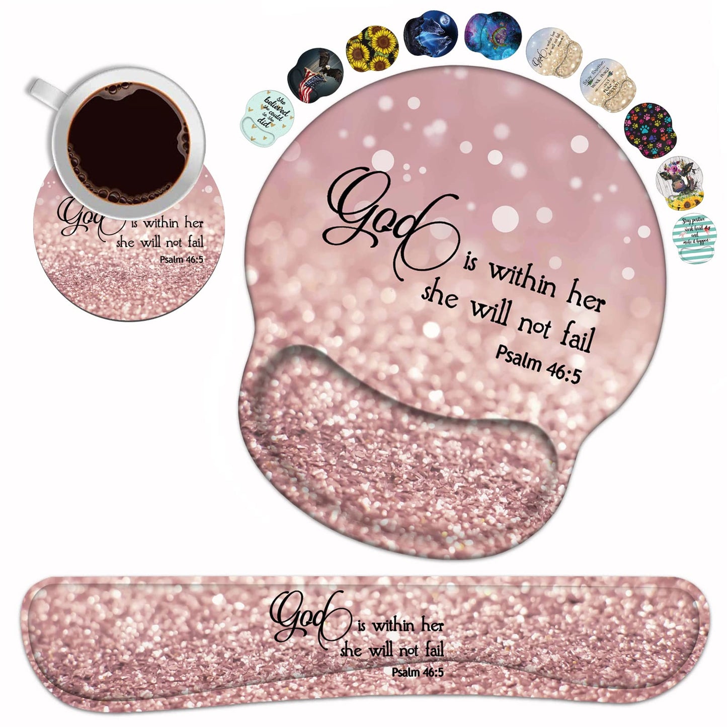 Keyboard Wrist Rest and Mouse Pad Wrist Support Set with Coasters, Quote Bible Verse Psalm 46:5