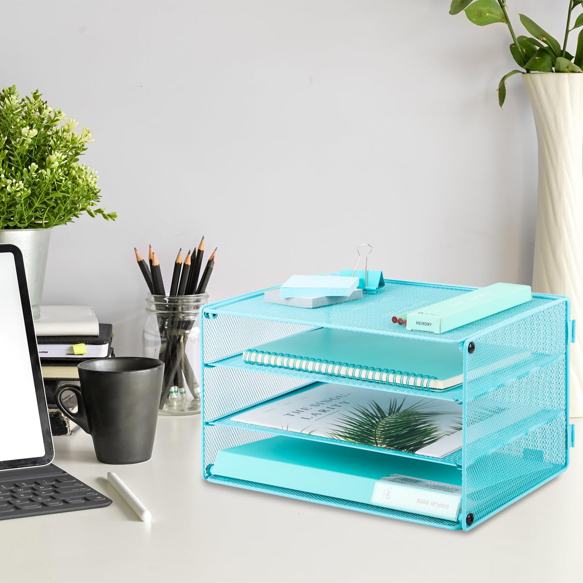 EASEPRES Paper Organizer Tray, 3 Tier Mesh Desk File Organizer Letter Sorter Holder for Home