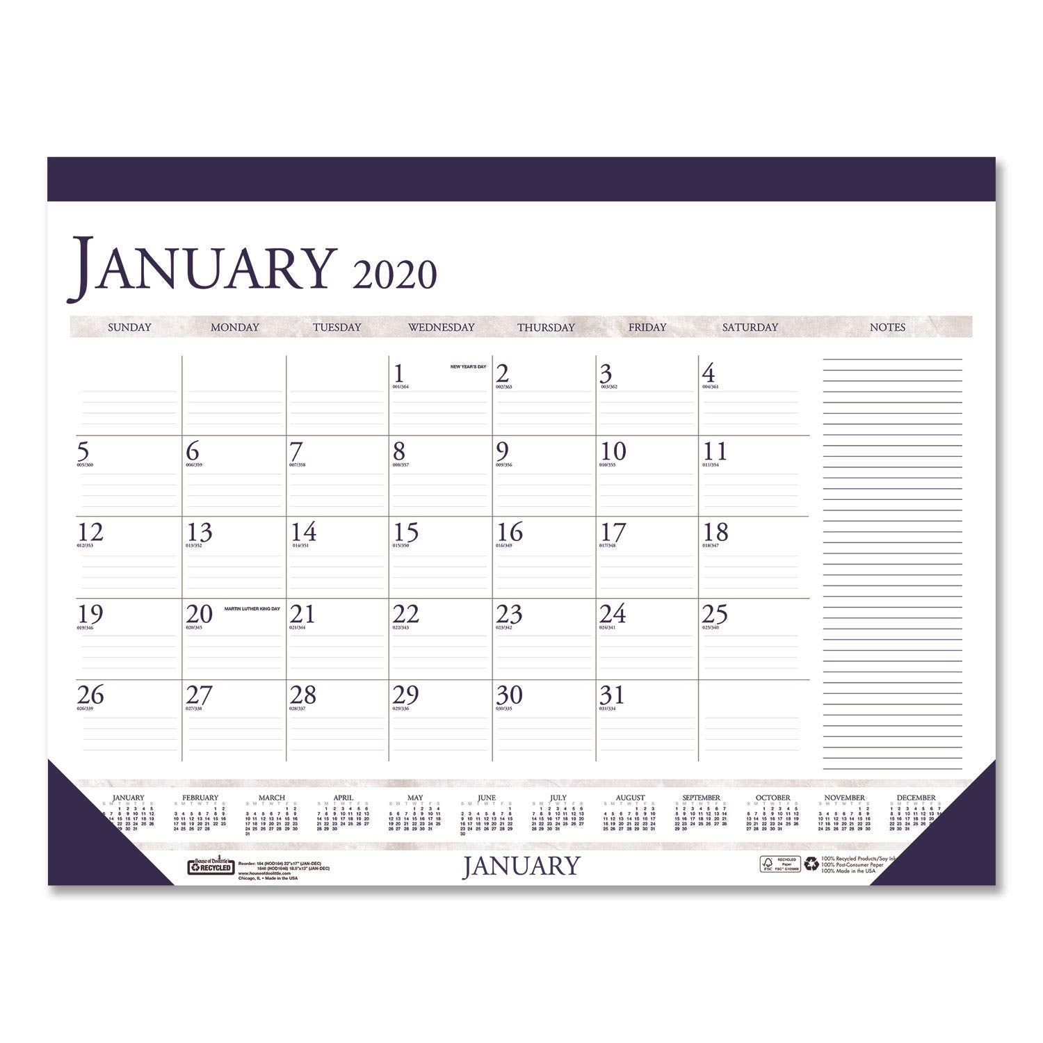 House of Doolittle 2020 Monthly Desk Pad Calendar, Classic with Notes Section, 22 x 17 Inches