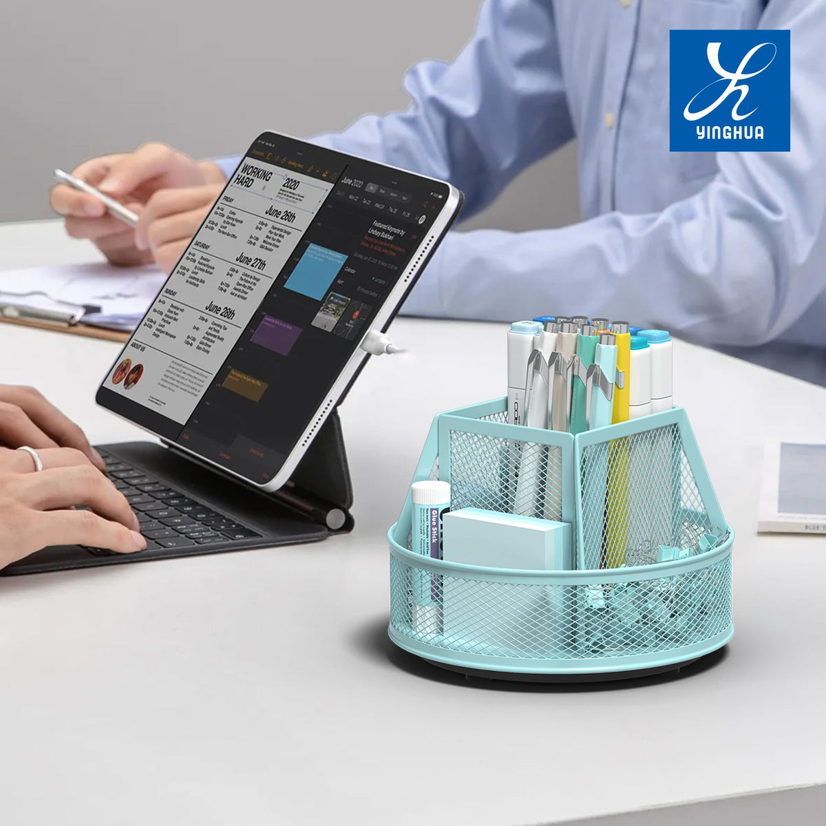 YINGHUA 360°Rotating Mesh Desk Organizer & Pen Holder - Blue