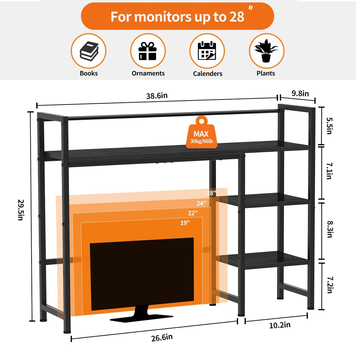 Snughome Desk Shelf, 38.6" Desk Hutch for Computer Monitor, Desktop Organizer Shelf, 4 Tier Desk