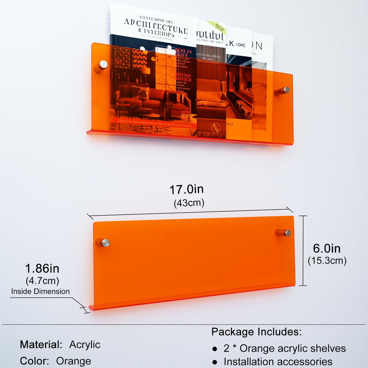 XOHYW 2 Pack Orange Acrylic Magazine Holder, Wall Mount Hanging Bookshelf Literature Storage Rack