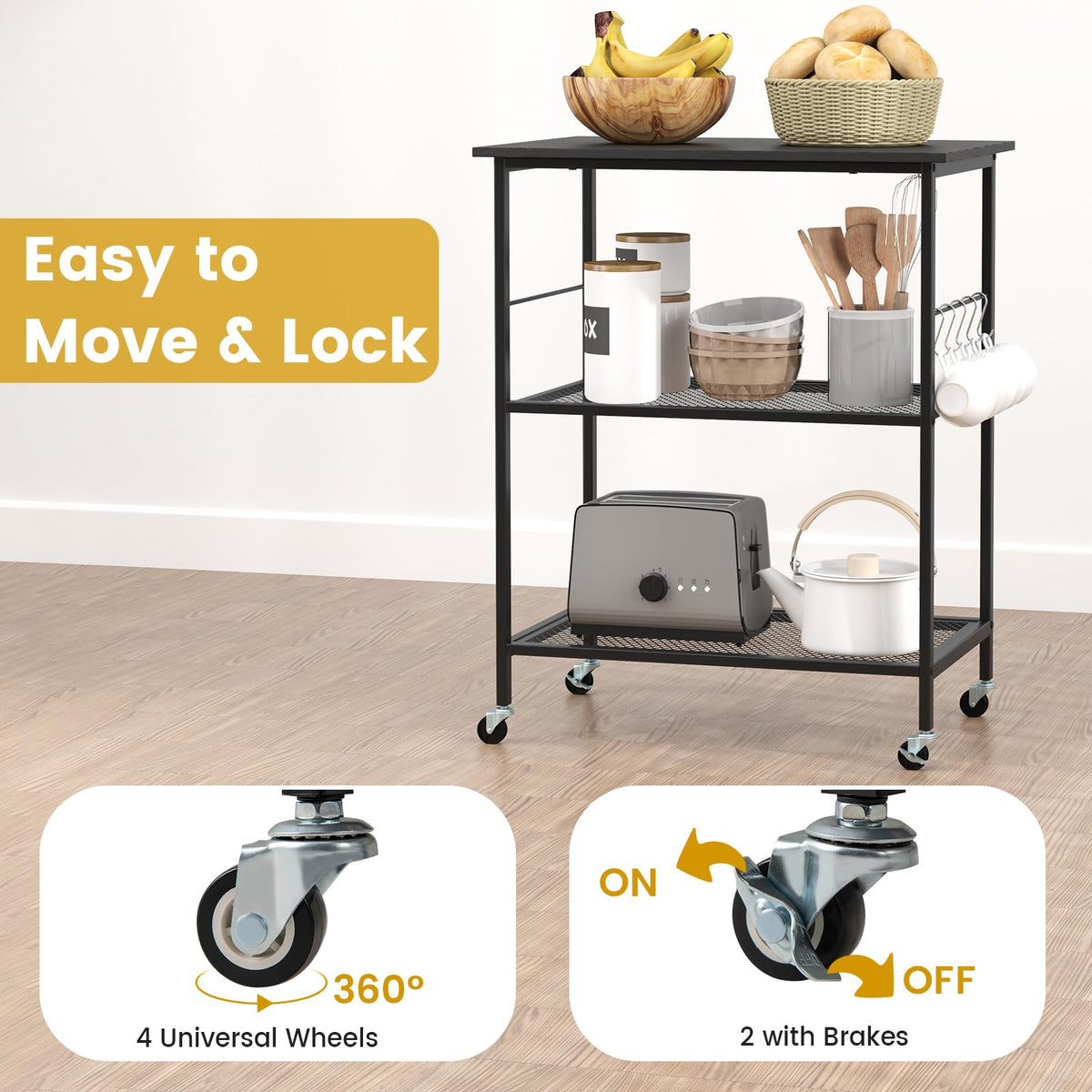 Giantex 3-Tier Small Bakers Rack with Storage Open Shelf, Microwave Cart with Wheels, Industrial