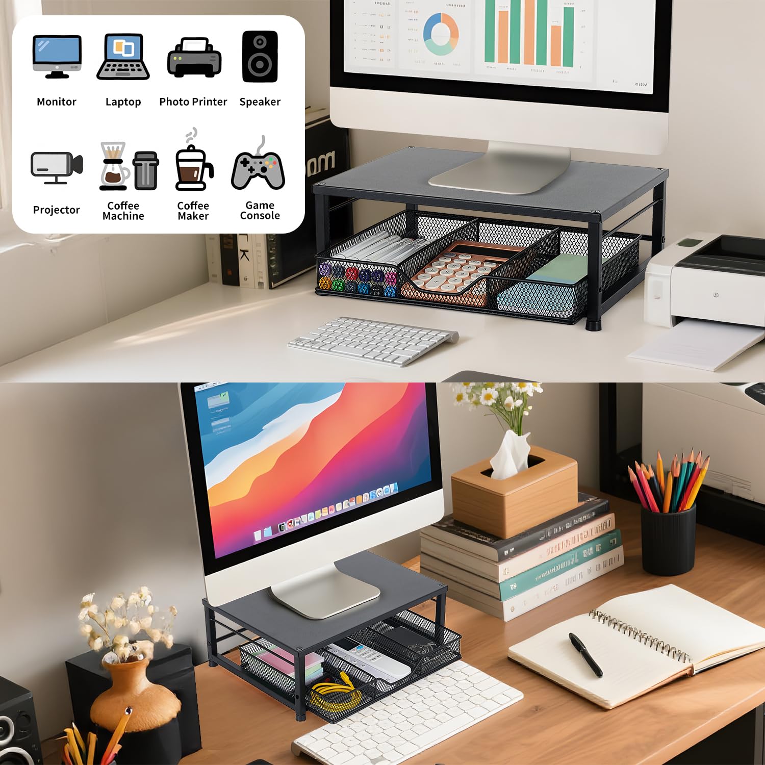 Gugsey Computer Monitor Stand for Desk, Small Laptop Stand Riser, Black
