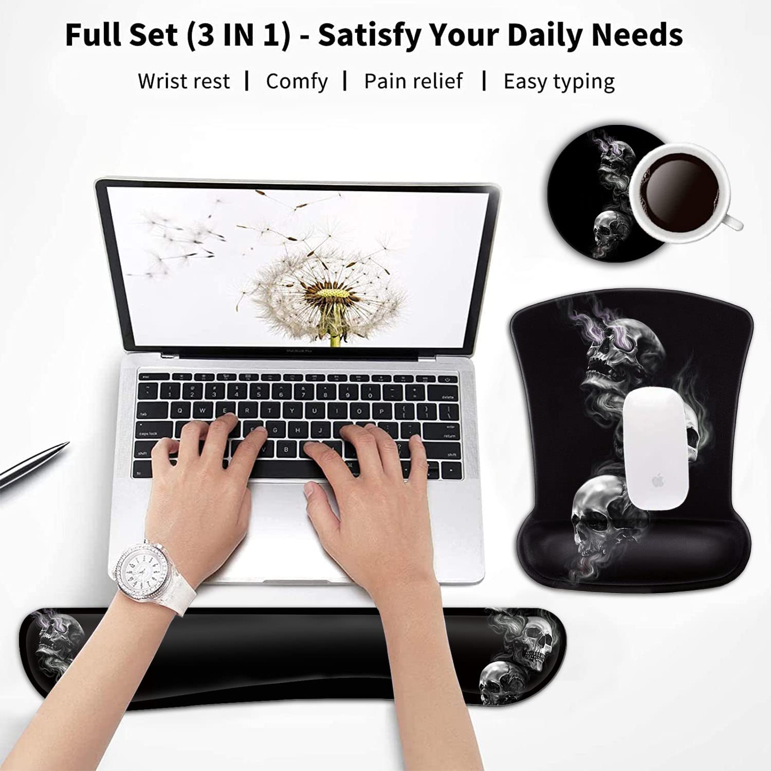 Keyboard Wrist Rest and Mouse Pad Wrist Support Set,Smoking Skull Ergonomic Gel Mouse Pad,Easy