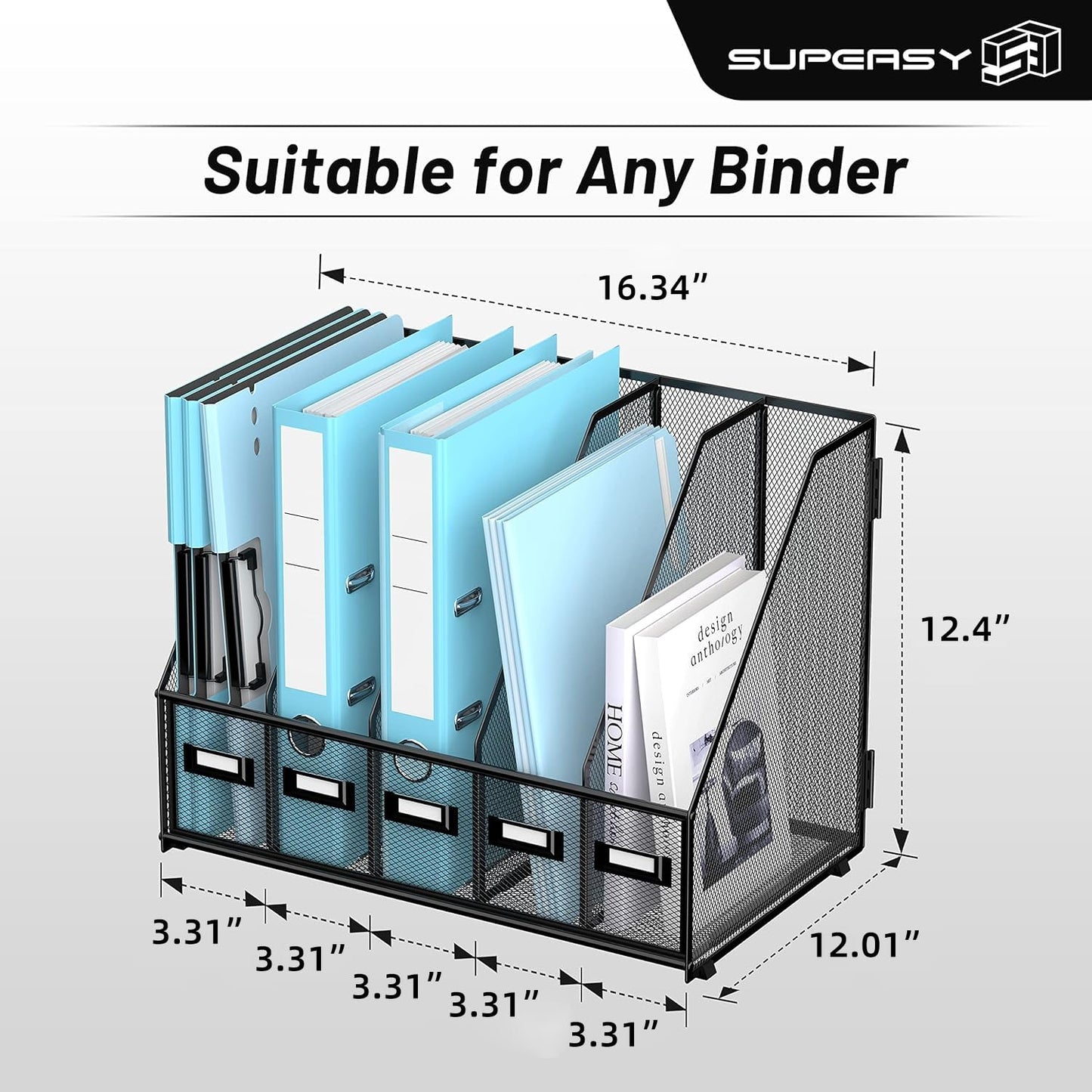 SUPEASY Desk Organizers Metal Desk Magazine File Holder with 16''x12''x12'' 5 Vertical Compartments