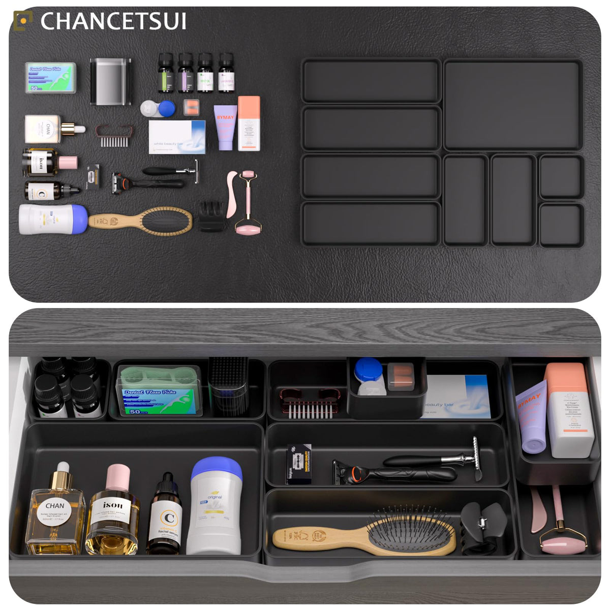 Black Bathroom Drawer Organizer Trays: 9 PC Stackable Desk Organizers Bin
