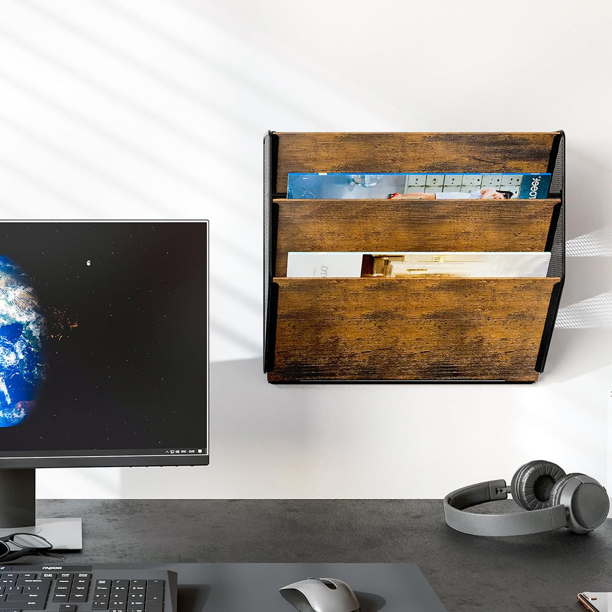 PAG-Mass Wall File Organizer for Office, 3-Tier Rustic Hanging File Holder Wall Storage Rack for