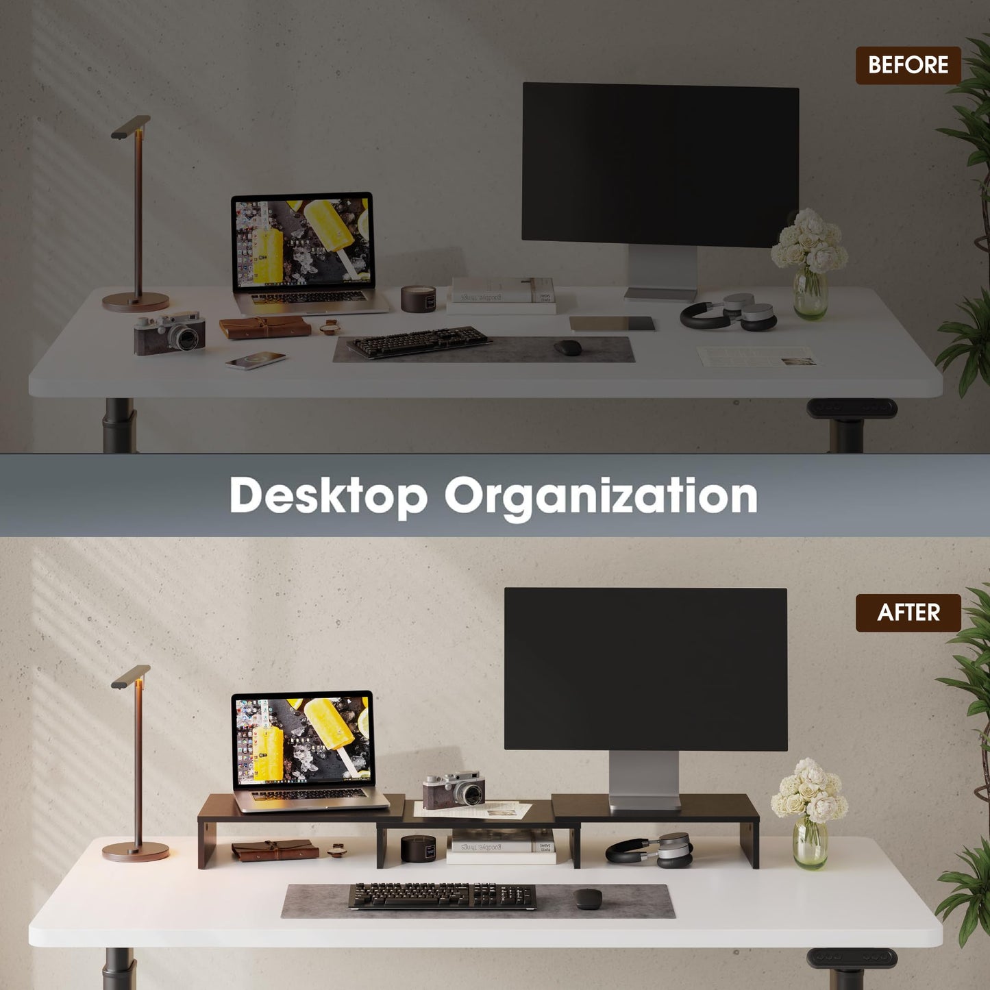 FITUEYES Dual Monitor Stand Riser, Adjustable Length and Angle, Black